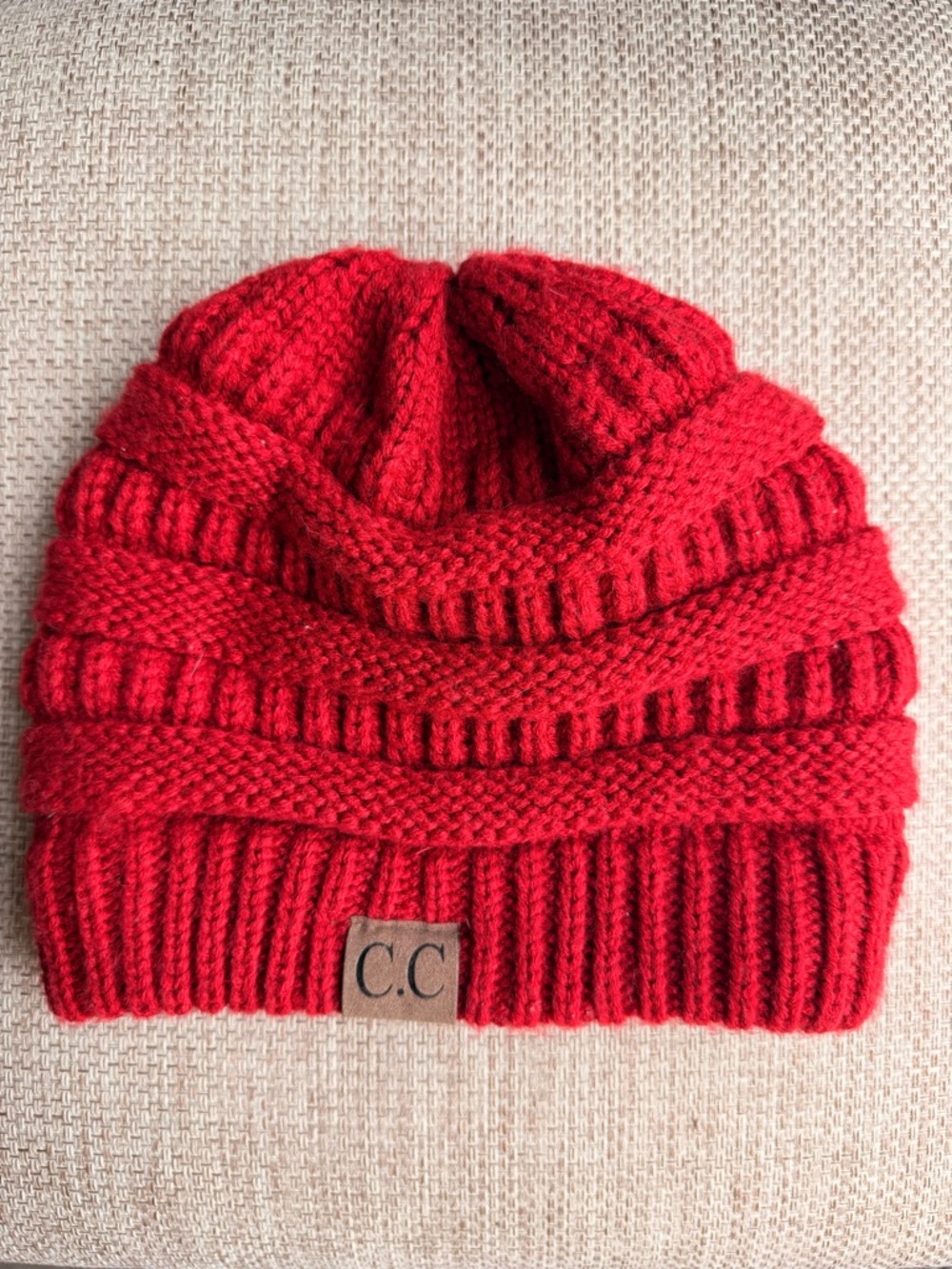 C.C Red Knit Pom-Free Beanie
